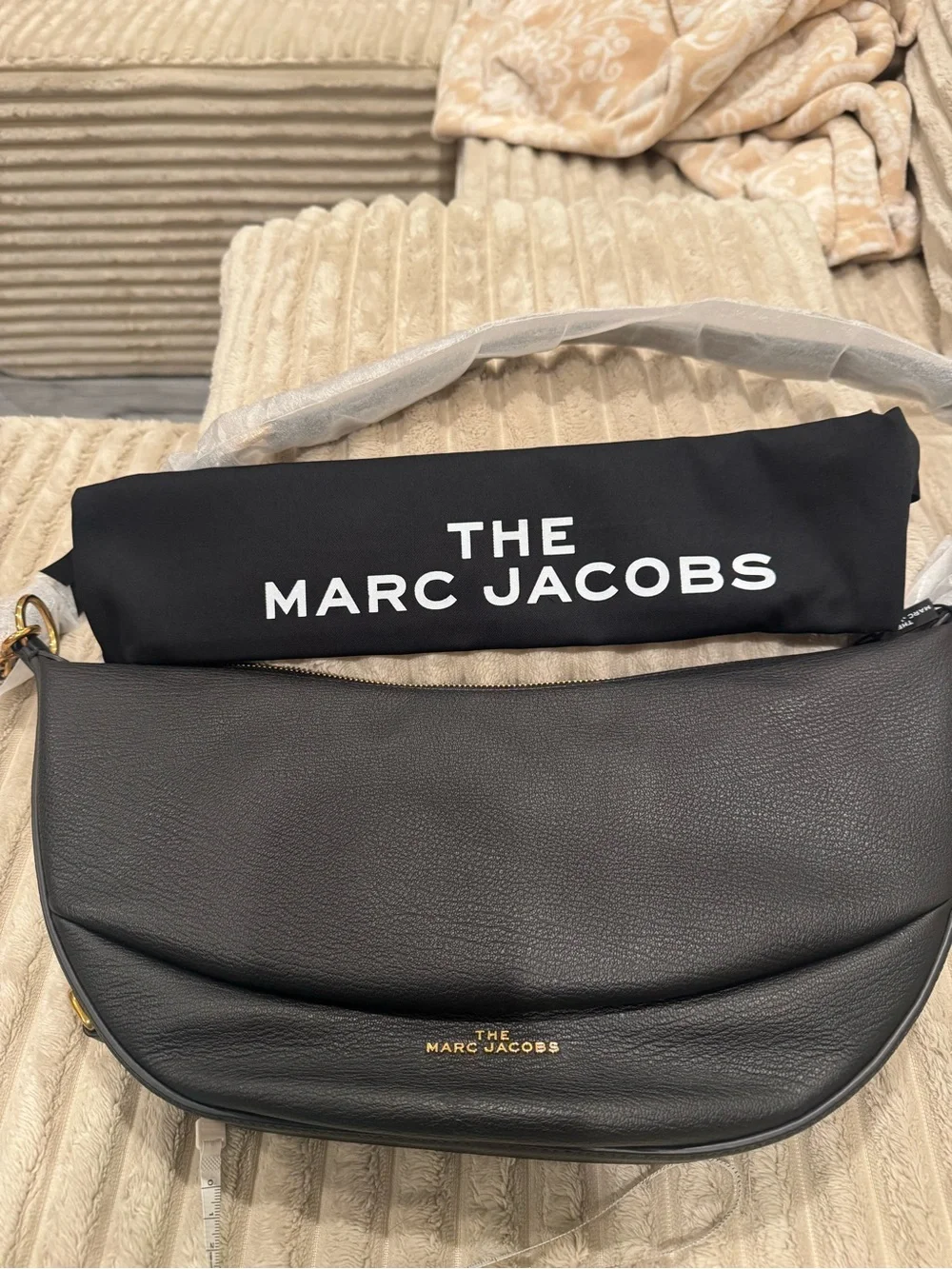 Marc Jacobs Black Pebbled Leather Messenger Bag with Gold Logo